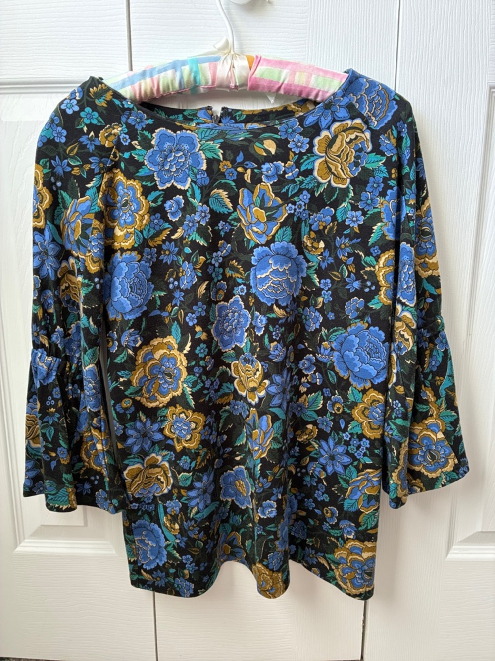 Ann Taylor Black Floral Tunic with Blue and Gold Flowers